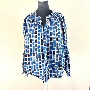 NIC+ZOE Blue White Abstract Print Cotton Top L/S Button Front Boho Workwear - 3X